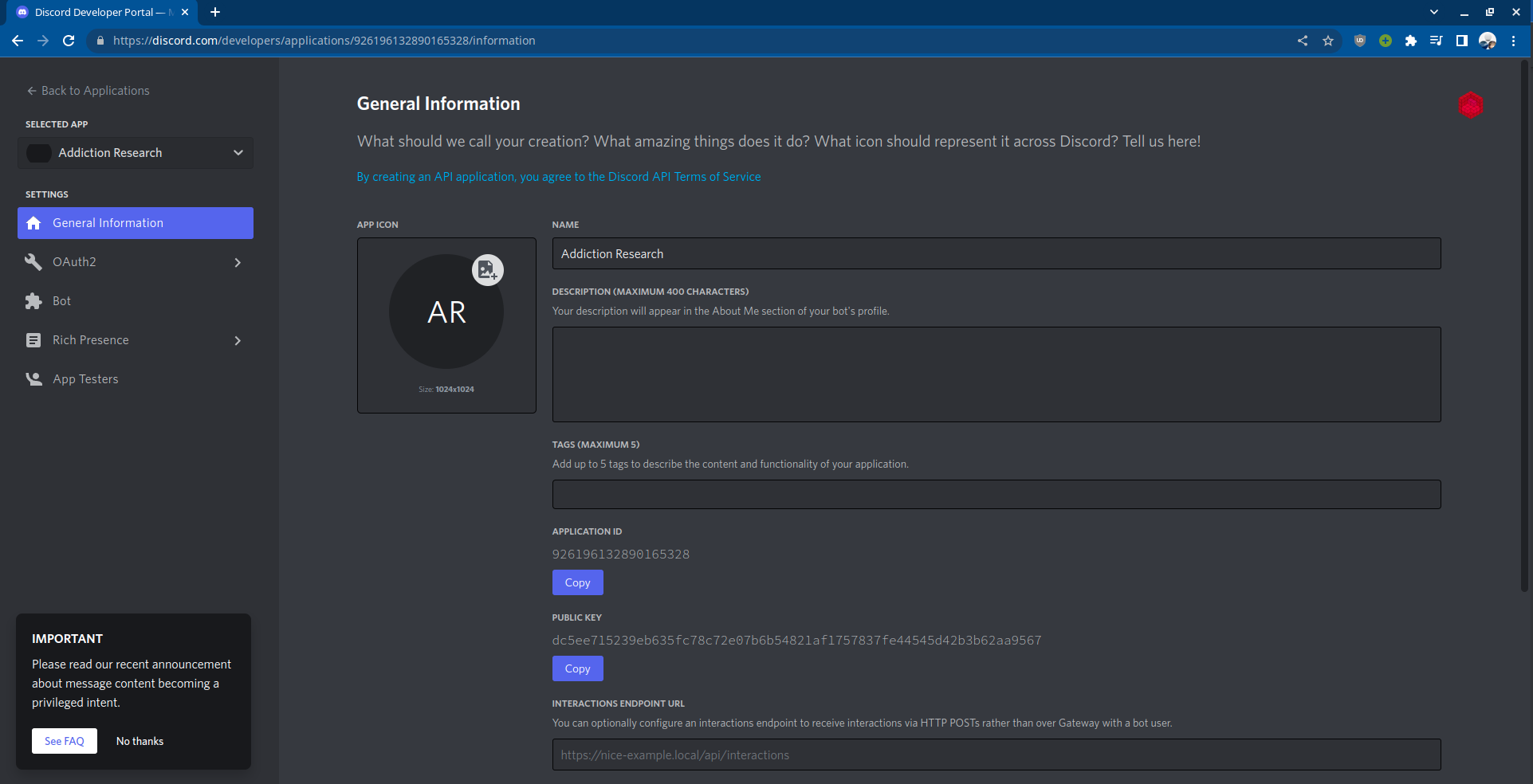 What an application looks like on discord
